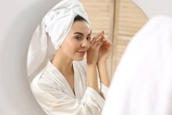 Beautiful Happy Woman Stylish Bathrobe Mirror — Stock Photo, Image