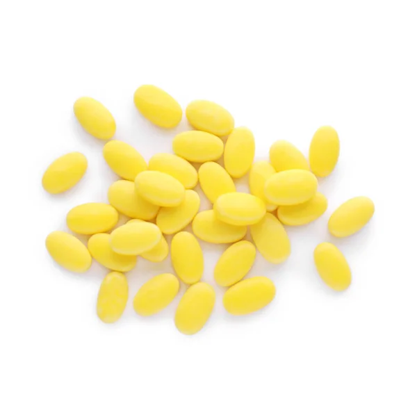 Sabrosos Caramelos Dragee Amarillos Sobre Fondo Blanco Vista Superior —  Fotos de Stock
