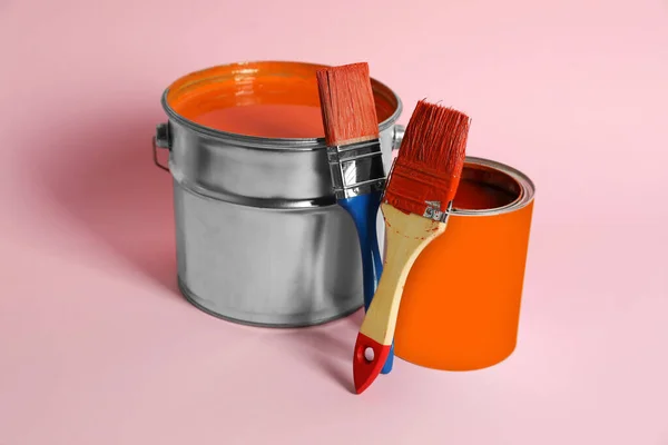 Bucket Orange Paint Can Brushes Pink Background — Stock Photo, Image