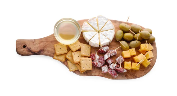 Toothpick Appetizers Tasty Cheese Sausage Crackers Olives White Background Top — Stock Photo, Image