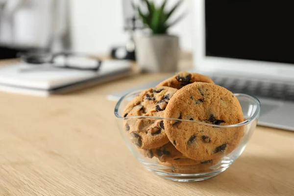 Chocolate Chip Cookies Wooden Table Workplace Space Text — Stock Photo, Image