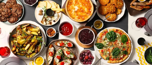 stock image Different tasty food for brunch on table, flat lay. Banner design