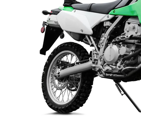 Stylový Zelený Kříž Motocykl Bílém Pozadí Detailní Záběr — Stock fotografie