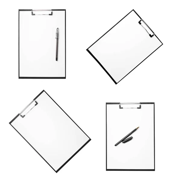 Zwarte Klemborden Met Blanco Vellen Papier Witte Achtergrond Bovenaanzicht — Stockfoto