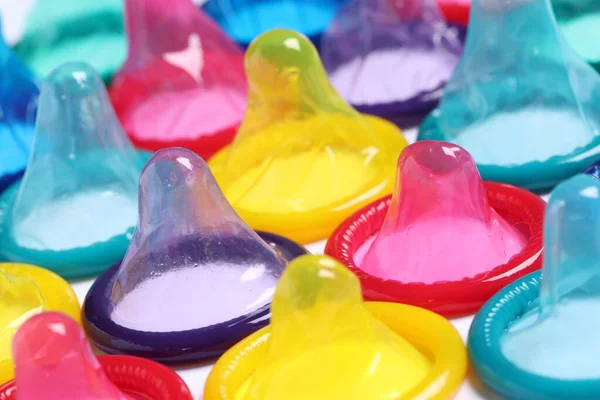 Colorful Condoms White Background Closeup View Safe Sex — Stock Photo, Image
