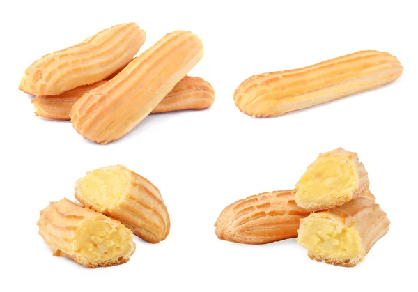 Collage Tasty Eclairs White Background — Stock Photo, Image