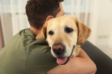 Adam şirin Labrador Retriever 'ına sarılıyor.