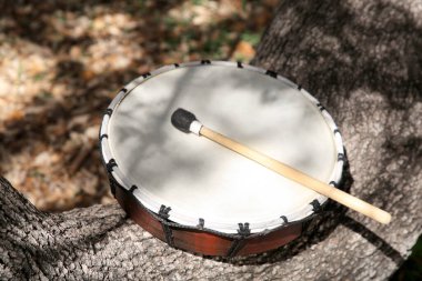 Ağaç kabuğunda tokmakla davul. Perküsyon müzik aleti