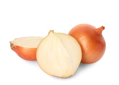 Whole and cut onions on white background clipart