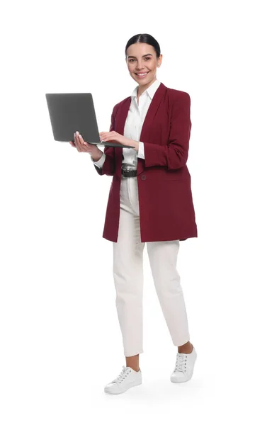 Щаслива Жінка Ноутбуком Білому Тлі — стокове фото
