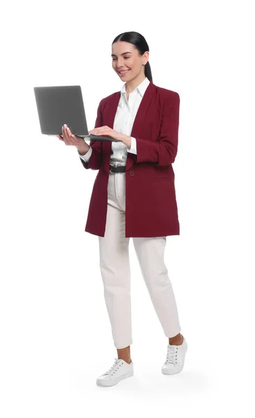 Boldog Asszony Laptop Fehér Háttér — Stock Fotó