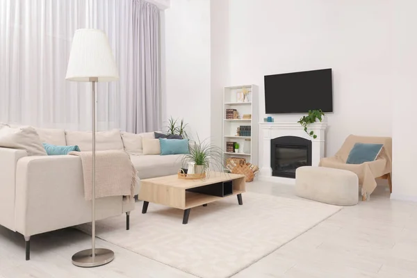 Stylish Living Room Interior Cozy Sofa Table Set Fireplace — Stock Photo, Image
