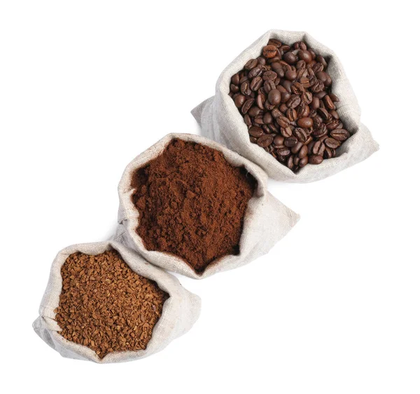 Tassen Met Verschillende Soorten Koffie Witte Achtergrond Bovenaanzicht — Stockfoto