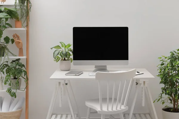 Przestronna Przestrzeń Robocza Biurkiem Krzesłem Komputerem Roślinami Doniczkowymi Domu — Zdjęcie stockowe