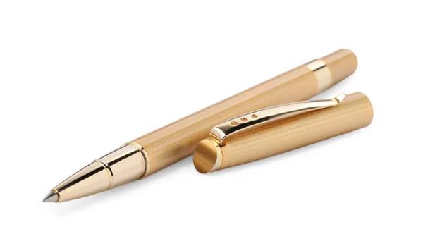 Nieuwe Stijlvolle Gouden Pen Geïsoleerd Wit Close — Stockfoto