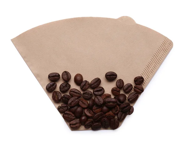 Papieren Koffiefilter Bonen Geïsoleerd Wit Bovenaanzicht — Stockfoto