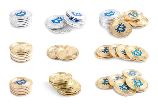 Collage Con Diferentes Bitcoins Sobre Fondo Blanco — Foto de Stock