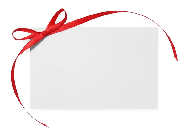 Cartão Presente Branco Com Arco Vermelho Isolado Branco Vista Superior — Fotografia de Stock