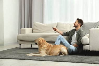 Evinde Labrador Köpeğinin yanında televizyonu açan bir adam.