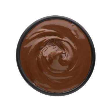 Bir kase lezzetli çikolata ezmesi, beyaz, üst manzara.