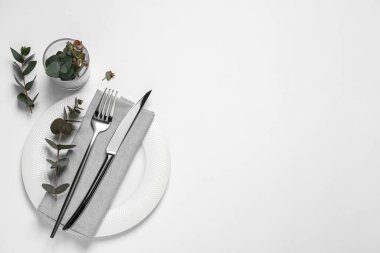 Çatal bıçak takımları ve okaliptüs yaprakları beyaz arka planda, üst manzara. Metin için boşluk