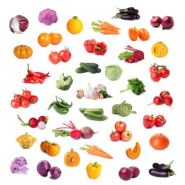 Collage with many fresh vegetables on white background clipart