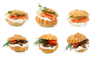 Beyaz arka planda farklı lezzetli profiterollerle kolaj