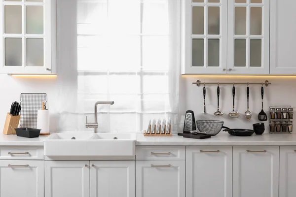 Set Different Utensils Sink Countertop Kitchen — Stock Photo, Image