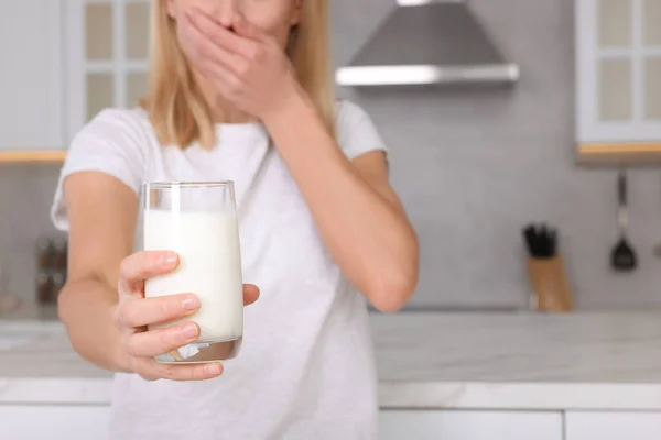 Woman Glass Milk Suffering Lactose Intolerance Kitchen Closeup Space Text — Stock Photo, Image