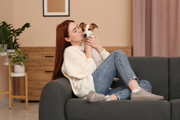 女人在家里沙发上亲吻可爱的杰克罗素特瑞尔狗 — 图库照片