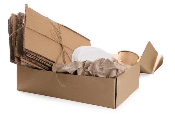 Картонная Коробка Бумагой Изолированной Белом — стоковое фото