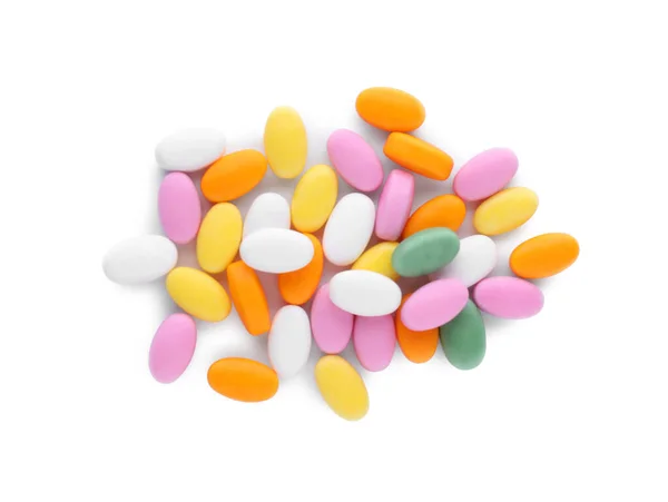Lekkere Kleurrijke Toque Snoepjes Witte Achtergrond Bovenaanzicht — Stockfoto