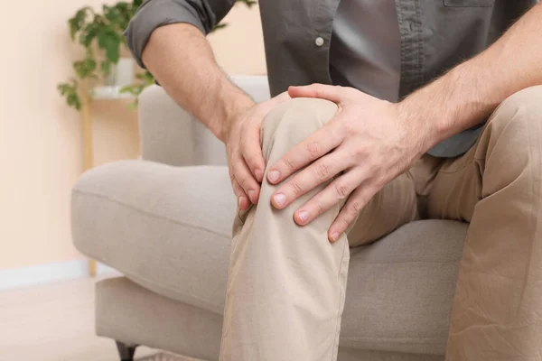 Man Suffering Pain His Leg Home Closeup Space Text Arthritis — Stock Photo, Image