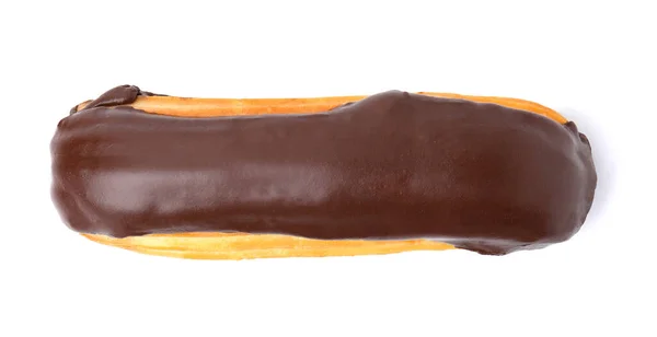 Läcker Eclair Täckt Med Choklad Isolerad Vit Ovanifrån — Stockfoto