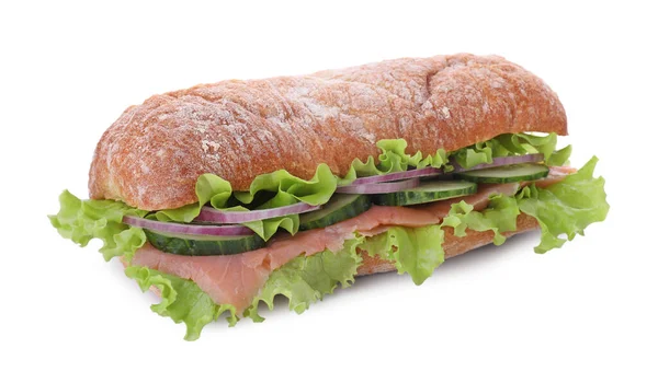Вкусный Сэндвич Свежими Овощами Лососем Изолированный Белом — стоковое фото