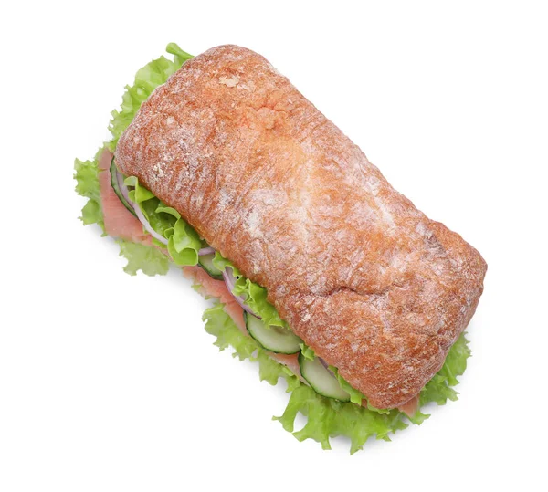 Délicieux Sandwich Aux Légumes Frais Saumon Isolé Sur Blanc Vue — Photo