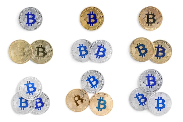 Collage Con Diferentes Bitcoins Sobre Fondo Blanco Vista Superior — Foto de Stock