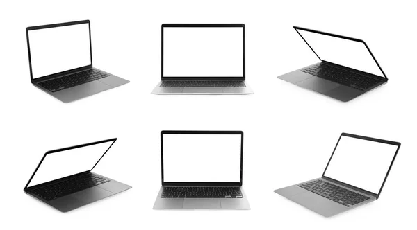 Modern Dizüstü Bilgisayarla Kolaj Beyaz Farklı Taraflarda Izole Edilmiş — Stok fotoğraf