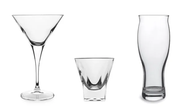 Collage Con Diferentes Vasos Vacíos Sobre Fondo Blanco — Foto de Stock