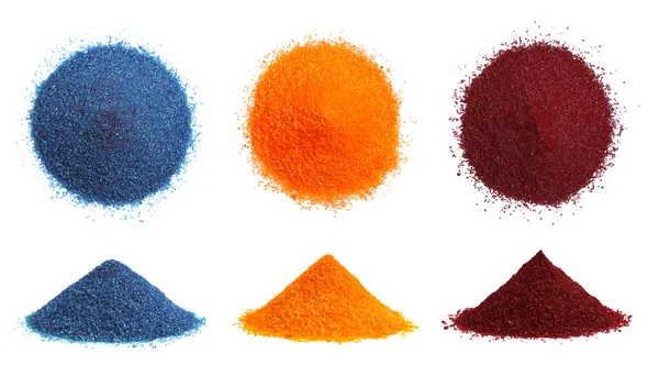 Stock image Collage of different powdered food coloring isolated on white, top and side views