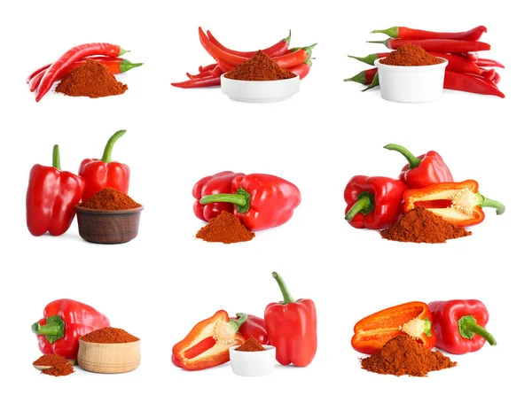 Collage Mit Aromatischem Paprikapulver Und Verschiedenen Frischen Paprika Auf Weißem — Stockfoto