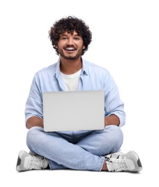 Smiling man with laptop on white background