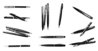 Beyaz arkaplanda siyah kalemlerle kolaj