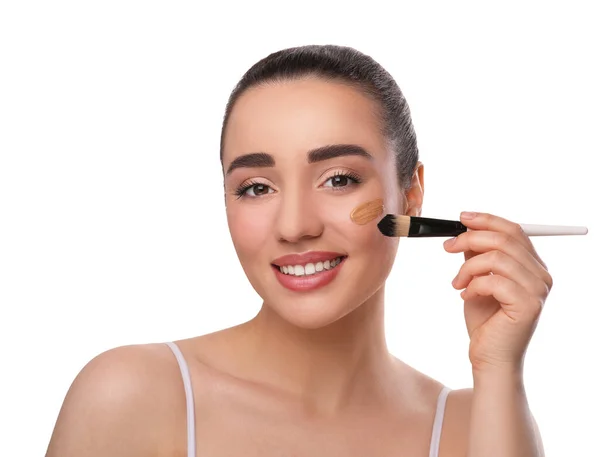 Woman Applying Foundation Face Brush White Background — Stock Photo, Image