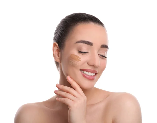 Woman Swatches Foundation Face White Background — Stock Photo, Image