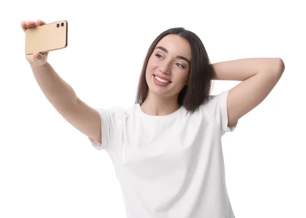 Sorridente Giovane Donna Scattare Selfie Con Smartphone Sfondo Bianco — Foto Stock