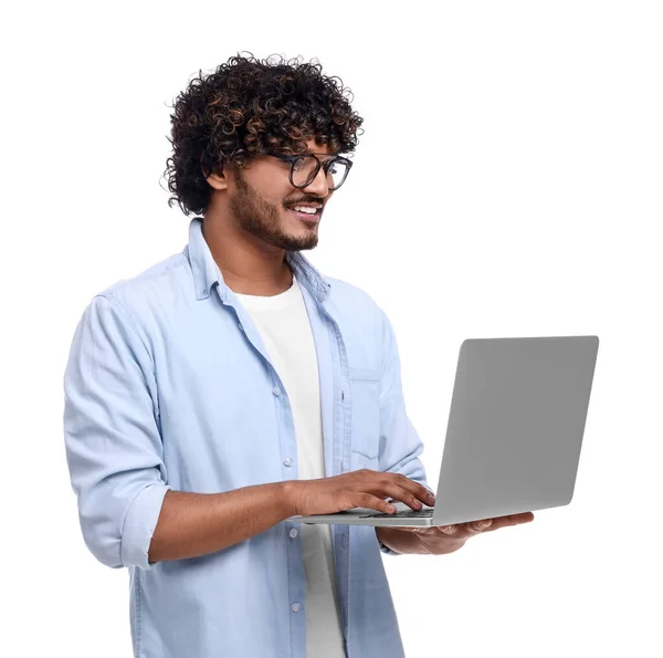 Smiling Man Laptop White Background — Fotografia de Stock
