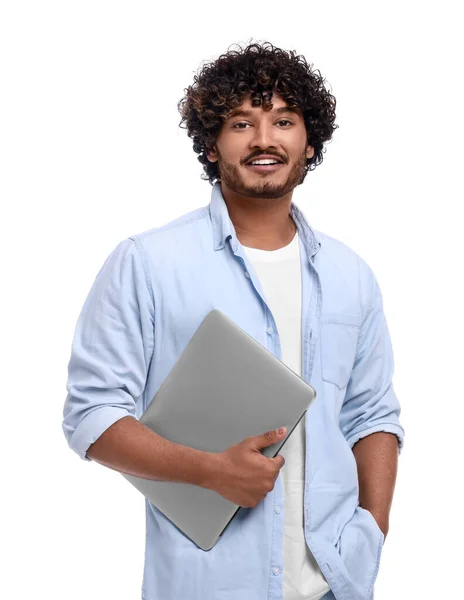 Smiling Man Laptop White Background — Photo