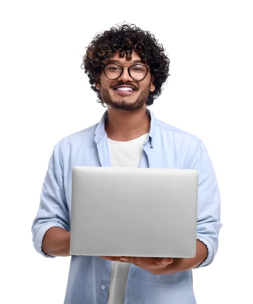 Smiling Man Laptop White Background — Photo
