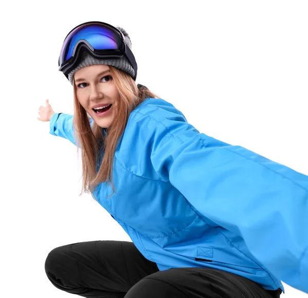 Красивая Женщина Лыжных Очках Делает Селфи Белом Фоне — стоковое фото